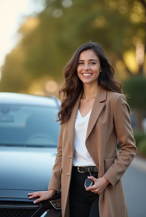 The happy woman is standing by the car, at full height, hand rests on the car, holding the car keys in the other hand. the car is completely visible.