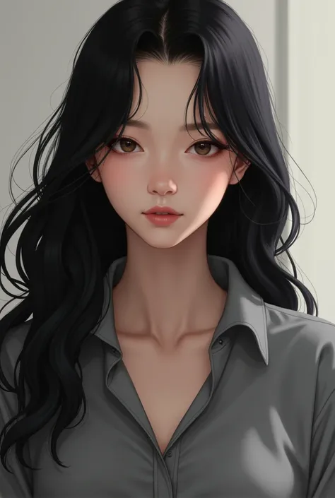 The girl named Thu wears a gray shirt.; long black hair