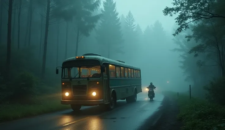 An old bus with dim lights follows a motorbike on a foggy forest road.. Teak forest background