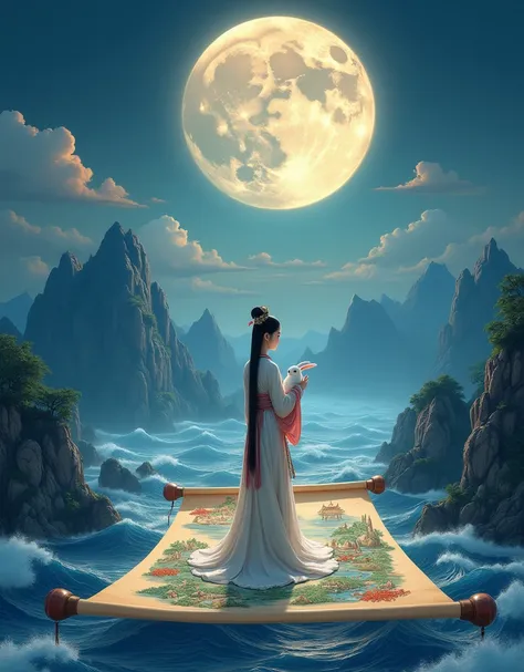 The unique style of China, at night, with a macro view and prominent scenery, features a floating scroll with a large moon on top. On the unfolded scroll stands an ancient Chinese woman holding a white rabbit, with a distant view and an illustration of mou...