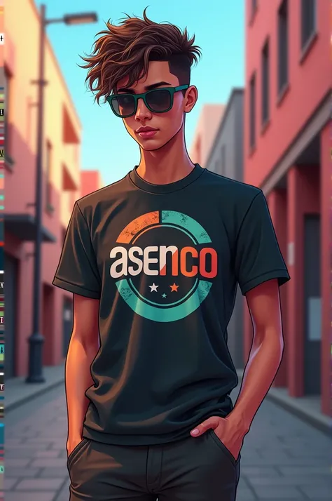 

"A young, stylish person wearing a fashionable t-shirt with the brand name ASENCO prominently displayed on the front. The t-shirt has a modern design with a bold logo and contemporary colors. The person looks confident and trendy, standing in a vibrant u...