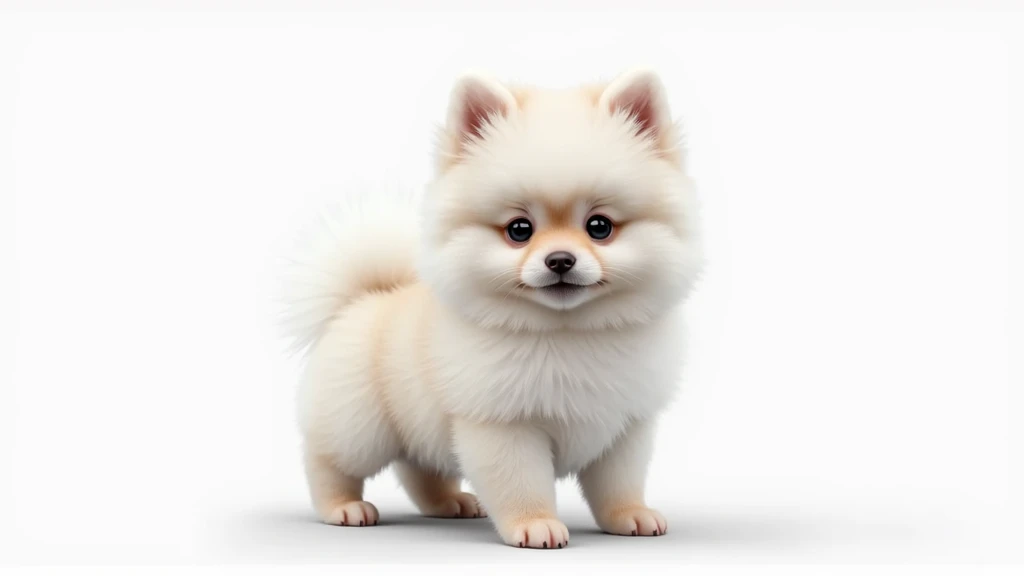 Realistic white baby pomeranian，White background