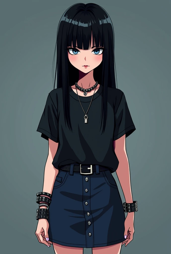 An emo girl with straight black hair, emo bangs that cover a little of one of her eyes, pale skin, tall, thin, teenage face, no makeup just black eyeliner on her eyes. She wears a black top and a navy blue skirt, some emo accessories, Cartoon art style, NO...