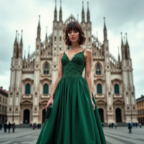 realistic body shot photo of a swedish brunette woman green eyes standing in front of the camera is standing in front of the majestic Cathedral of Milan, dressed in a floor-length, elegant emerald green gown with delicate lace details. Her hair is styled i...