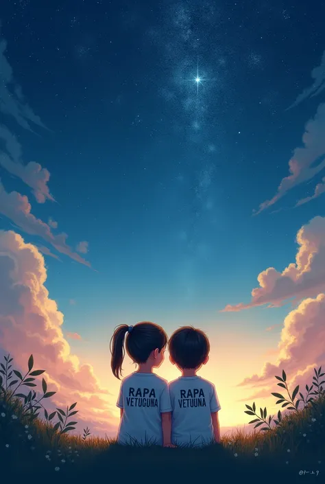 A girl and boy sitting under a dawning sky filled with stars with the word Rapa Vetuguna ❤️ written in Capital on the Shirts realistic image