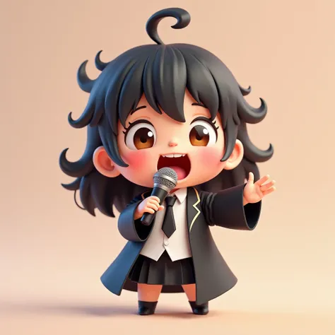 1 girl, solo, black hair, brown eyes, smiling, open mouth, looking at the audience, long hair, full body, focus on girl, blush, teeth, lawyers robe, :d, simple background, white shirt, long sleeves, messy hair, bangs, child, 3D cartoon simulation, cute chu...