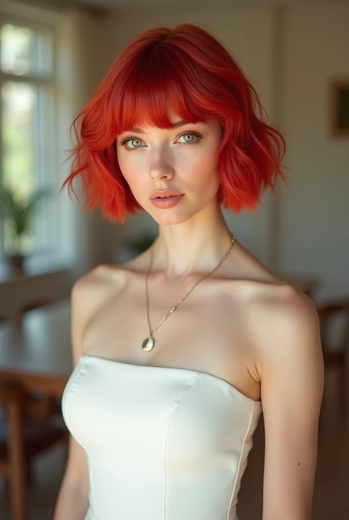 She is wearing an outfit of a white strapless dress  , , ella posa standing c. Her short wavy red hair and ruby red bangs add a vibrant touch, mientras que el ambiente interior con Soft lighting crea un equilibrio, a slightly playful atmosphere.short red e...