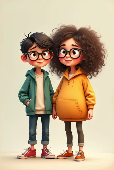 girl named My, jellyfish hair, wear glasses, răng khểnh, grey shirt black pants. Standing with big belly Thanh, wearing glasses, curly hair, narrow-eyed.