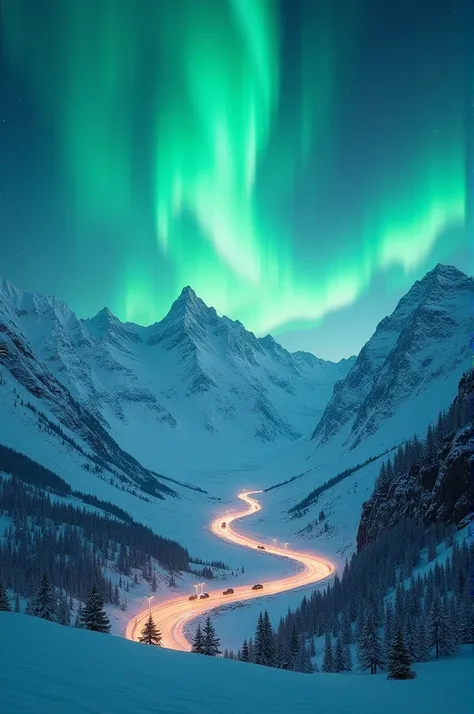 a green aurora bore is in the sky above a mountain range and a road with cars on it and a snow covered road below, Artur Grottger, space art, award - winning photography, a matte painting