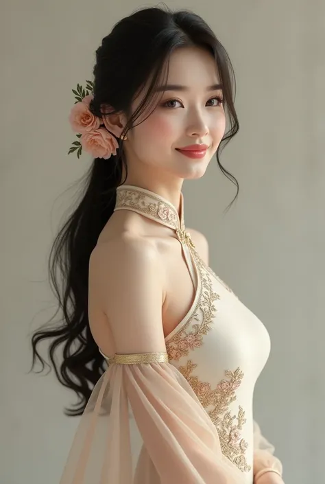 Beautiful Vietnamese woman who resembles Mai Phuong Thi is smiling while wearing an Ao Dai。whole body