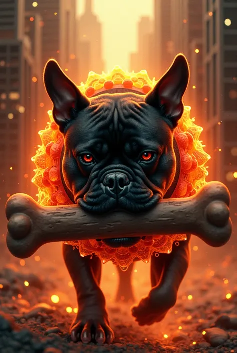 A surreal intense image, fiery hues of orange, red, & yellow, black bulldog, holding a large bone, live dynamic parametric cityscape, ethereal fiery parametric collar which seamlessly sublimely morphs structurally into the cityscape, iconic parametric buil...