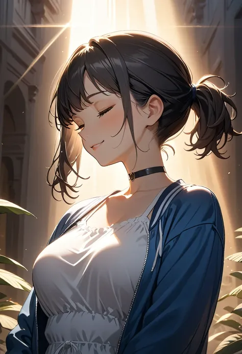 (masterpiece), best quality, 1 girl, solo, medium breast, thin, thick thigh, upper body, black hair, medium hair, short ponytail, gradient hair, choker neck, white maxi dress, blue Varsity jacket, closed eyes, cute smile, looking a view, highres, highest q...