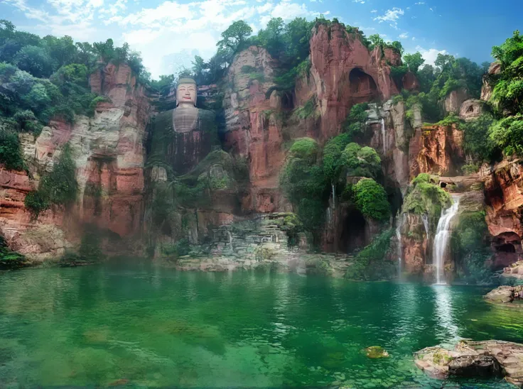 there is a large waterfall in the middle of the lake, waterfalls and lakes, leshan giant buddha，lakes and waterfalls, incredibly...