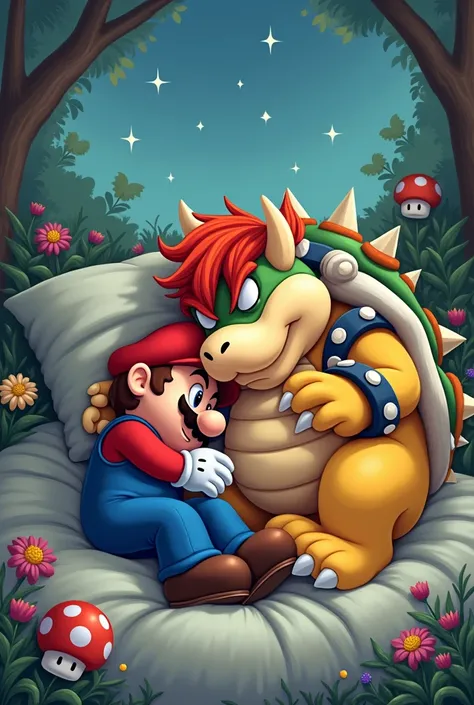 Generate me an image of Bowser and Mario sleeping together 