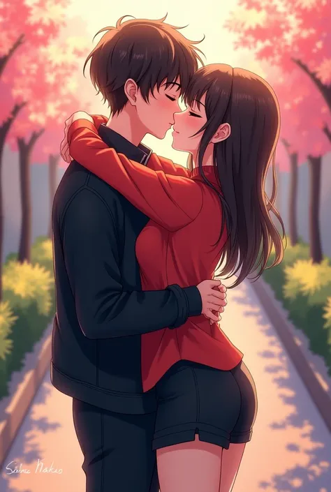 Anime one girl and boy were black jacket and Black pant and girl were red shirt and Black frock shorts and both having hug and kiss 