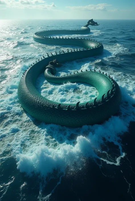 Picture an extensive, winding sea serpent. This incredible creature curves effortlessly through the icy, azure ocean, its scales shimmering with luminescent hues of jade and cobalt. Emerging from the seas depths, its menacing eyes glint as they catch the r...