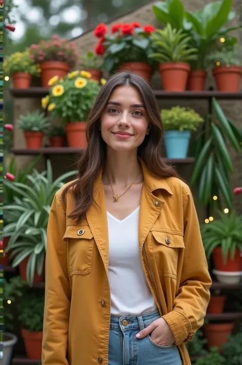 A girl in front of camra creat a reel bihind the girl flower pots and plants
