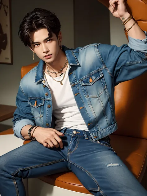 Masterpiece, complicated details, (((handsome young boyอายุ 30 ปี))), rocker denim jacket, Jeans, leather bracelet, wire necklace, big earrings, Araffi and an orange cat sat on a man&#39;s lap., Inspiration from Zhang Han, Inspired by Adam Dario Kiel, Who ...