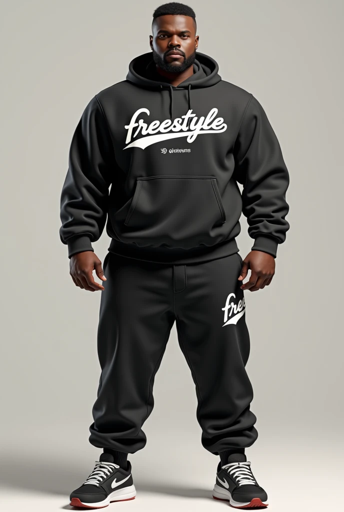 Envision a realistic image of a black man with a larger build, posing full-body in custom-designed sportswear featuring the "Freestyle" logo. The outfit should stand out for its style and comfortable fit. The model is holding a sign that says "My love Giul...