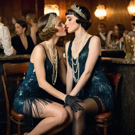 two vintage 1920s flapper women, Ann-Margret, Felicity Jones, lesbian, black silk flapper dress covered in beads, cotton chemise, T-strap gold heels, black stockings reinforced heel held up by garters, tiara crown with feathers, long pearl necklace, art de...