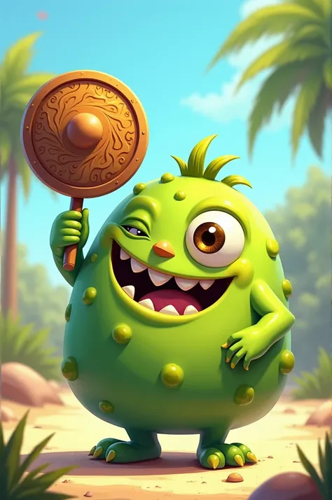 a one eye green cartoon monster using shield to protect from the sun