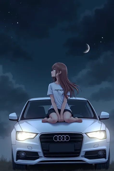 Open air,girl with long hairs look in the sky,dark background,sit on a white audi,angarage text on tshirt,manga,anime