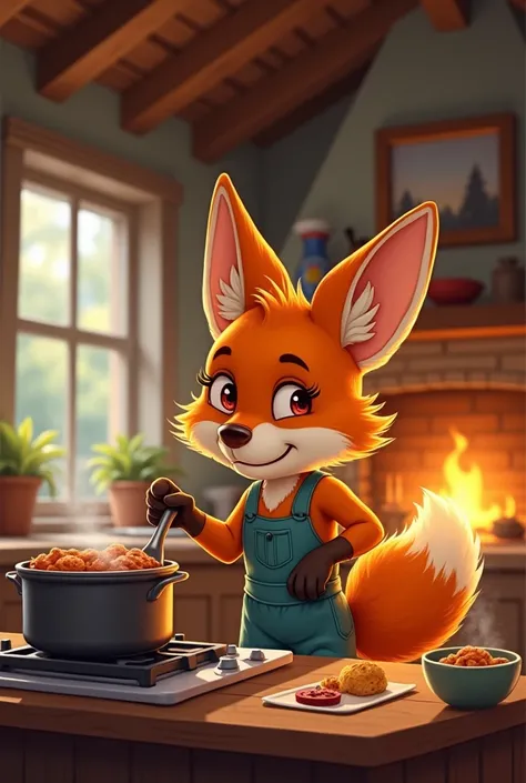 Champa the fox cooking a meal inside rabbitss warm house, looking content."