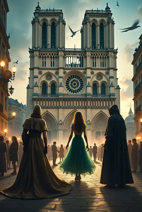 Make a movie poster about notre dame with the character: quasimodo, la esmeralda, claude frollo, a man in a black hoodie, phoebus, sister gugudule, and pierre gringoire.