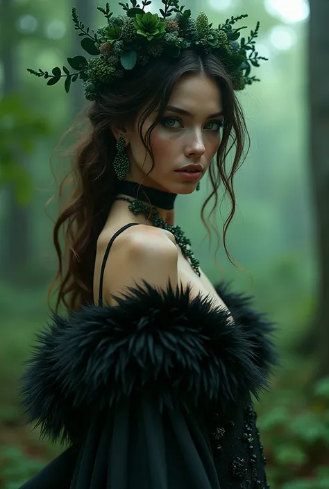 An Award-Winning Masterpiece (photorealistic), photograph, vogue.Enchanted Forest: “A Victoria’s Secret model in an enchanted forest-themed ensemble, featuring dark green and black hues, with elements like faux fur and feathers. Her hair is wavy and wild, ...