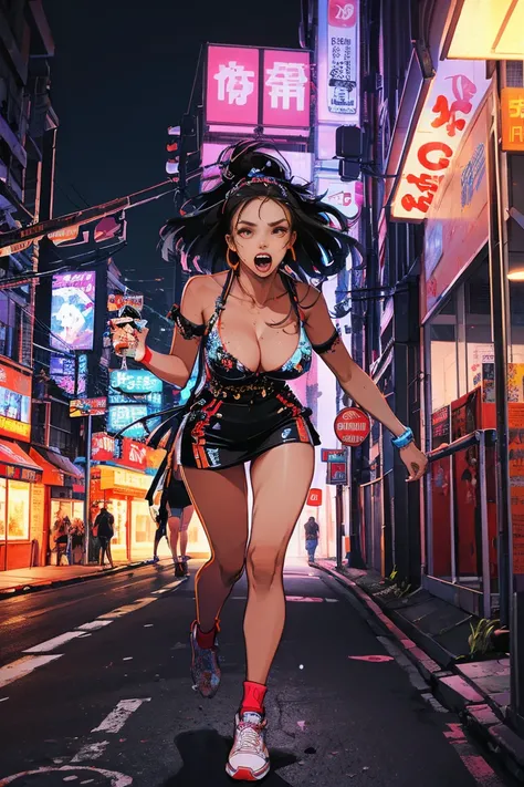 breasts naked, (high resolution:1.2),ultra detailed,realist,Sharp focus,showy,Graffiti covered walls,street untilist girl,vibrant stuff,singing passionately,energy efficiency,street until backdrop,urban atmosphere,bustling street scene,hustle and bustle, e...