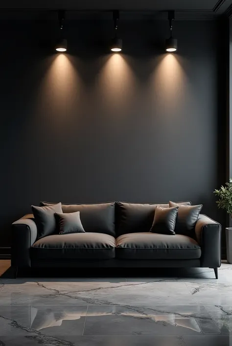 A realistic image of a very elegant black sofa, a dark grey wall, a marble floor with grey colours and illuminated with 3 very elegant spotlights