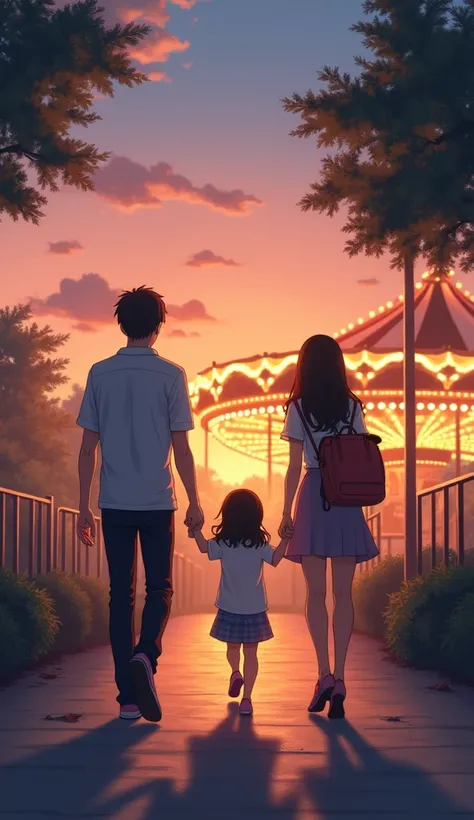 Landscape painting, Anime illustration, A quiet amusement park at dusk, with a softly glowing merry-go-round in the background. A young girl, having just stepped off the carousel, holds her parents hands. The three walk away together, their silhouettes bat...