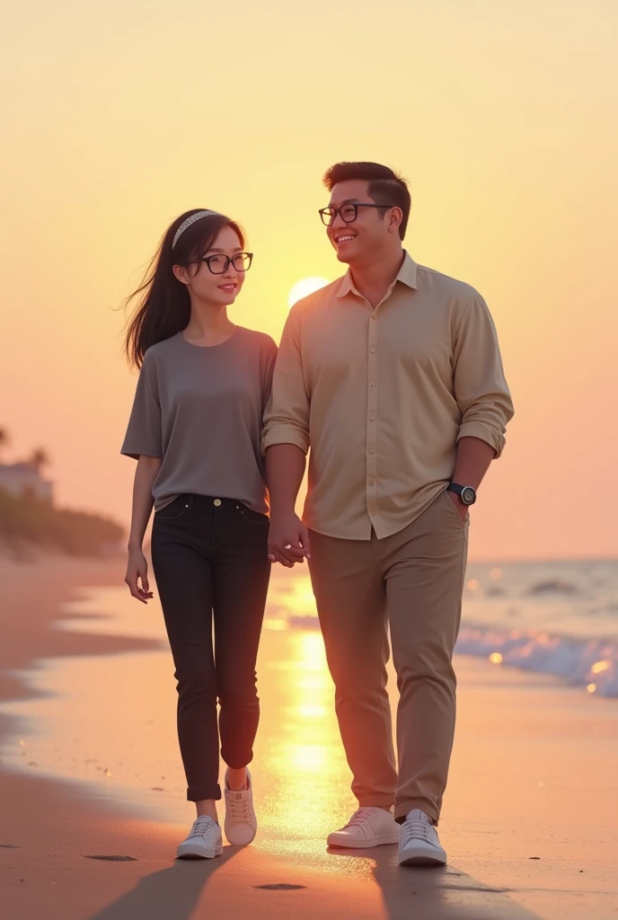 Ms. My (wear gray, black pants, wear glasses, black hair) standing next to Mr. Thanh (wear beige, wear glasses, plump). The couple were holding hands and walking on the beach at dawn.