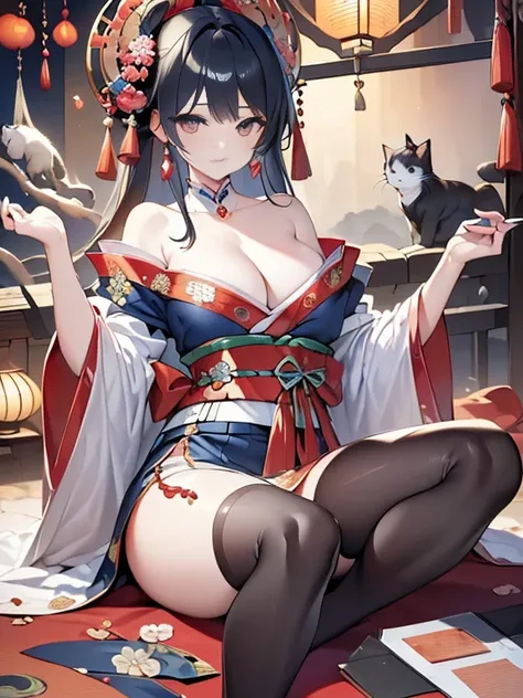 ((Highest quality, 8k, masterpiece:1.3)), concentrate: 1.2, (clear, Artistic Background:1.3)、Ukiyo-e style、Cat、Japanese women、Various poses、cute、Background wall、Erte-style painting
