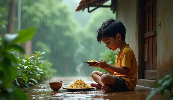 Boy eating rice and dal in rain