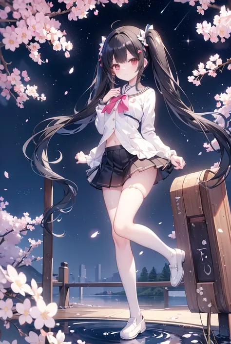 (Masterpiece)、Highest quality、Highest quality、High resolution、Beautiful girl with black hair and twin tails、White knee-high socks、Black Loafers、Shiny Hair、Glowing Skin、mini skirt、Medium chest、Slim body、Natural scenery with cherry blossoms falling、Starry Sk...