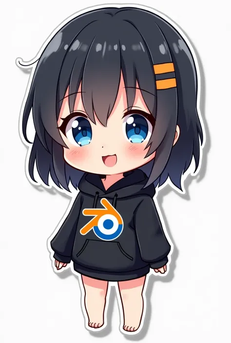 2D CUTE ANIME STYLE STICKER CUTE CHIBI GIRL black hair with orange and blue stripes blue eyes with a black hoodie covering from the waist up with blender logo on it , full body , big head , small limps