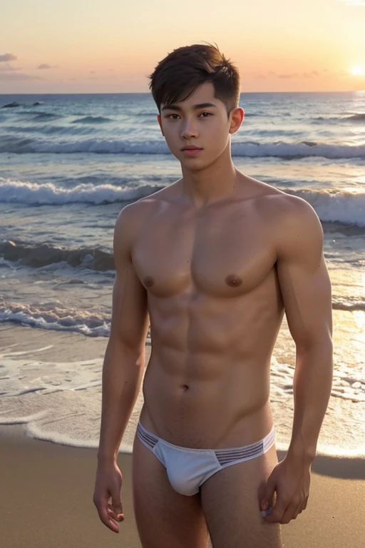 handsome teenager wearing micro thong, very short hair, beach at sunset