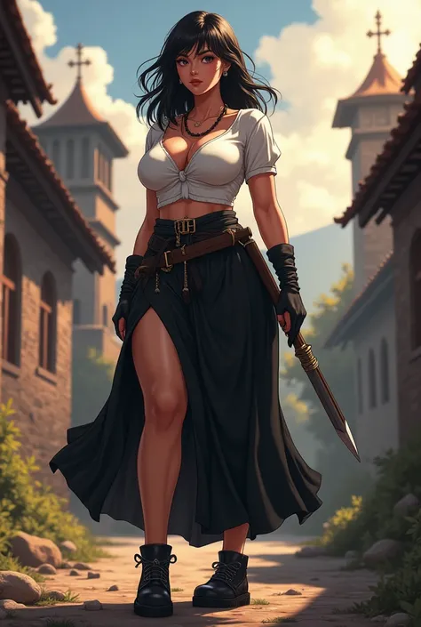 milf, Anime, ใบหน้า Anime2D ผิวคล้ำ, fat, big breasts, Warrior outfit, Middle Ages, white short sleeve shirt, black skirt, black shoes, full body, [4K], 