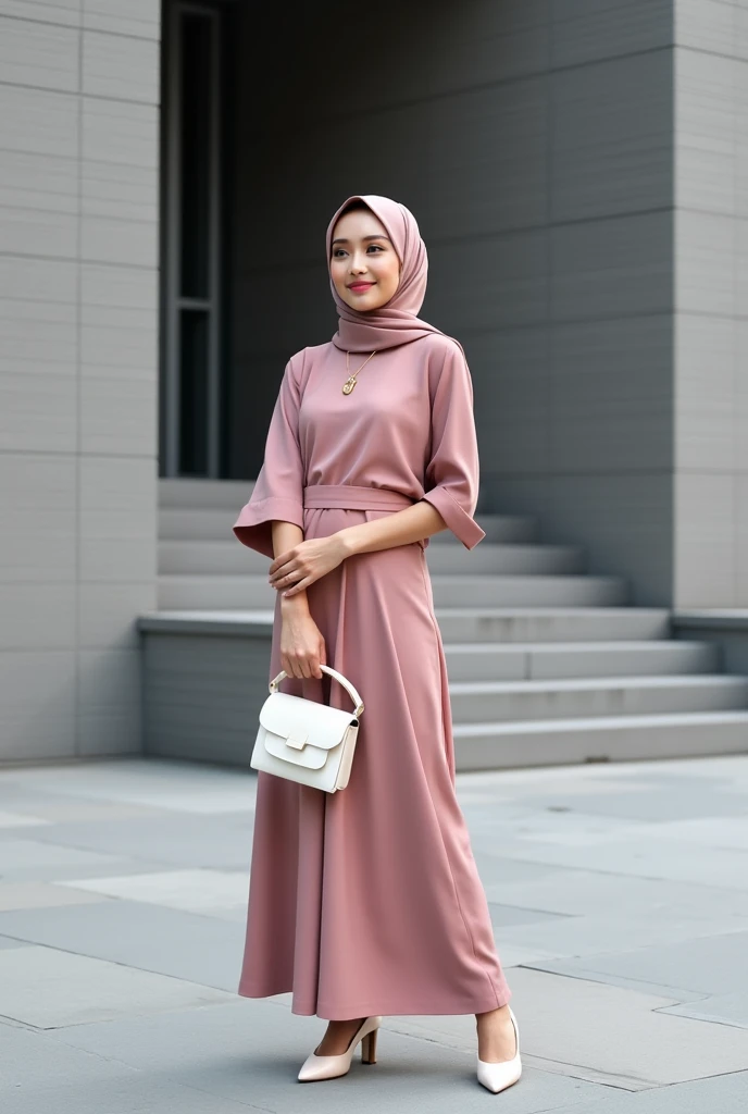 A woman wearing a dusty rose-colored hijab and a matching maxi skirt and top, holding a white purse, wearing pointed shoes stood in front of a gray brick building with a set of stairs.  The woman looked to the left and had a slight smile on her face. The i...