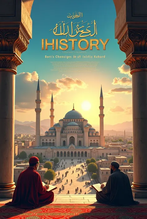 Design a YouTube banner for an Islamic history channel. The banner should feature an ancient Islamic cityscape with grand architecture like mosques with domes and minarets. Include subtle references to key historical elements, such as ancient scrolls or bo...