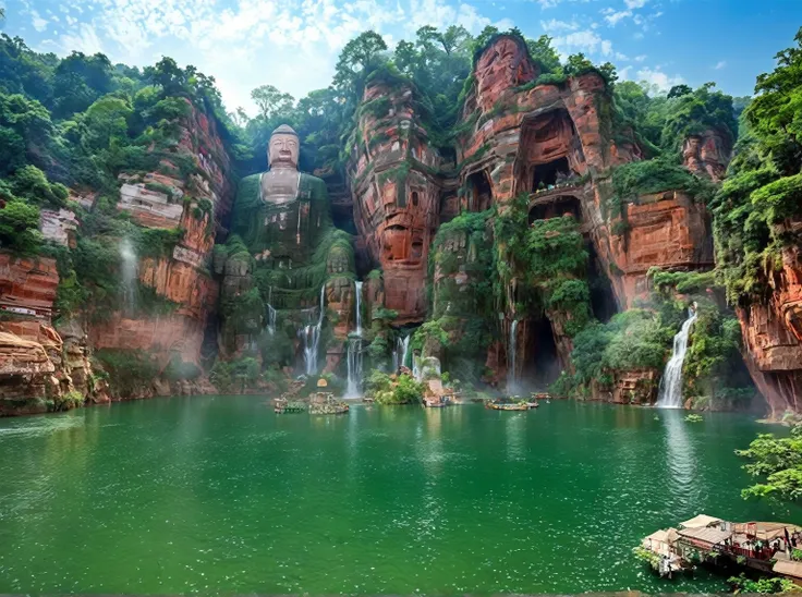 there is a large waterfall in the middle of the lake, waterfalls and lakes, leshan giant buddha，lakes and waterfalls, incredibly...