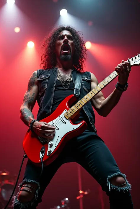 Create a high resolution portrait of a rock superstar musician on stage playing a red Fender stratocaster guitar with a multitude of spotlights shining down on him.