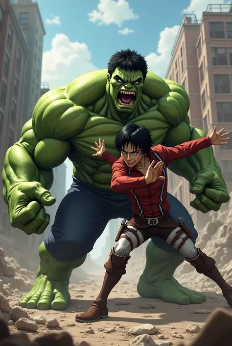 Hulk vs Eren de Shingeki no Kyojin sous sa forme Titant assaillant en pose combat dynamique et intense 