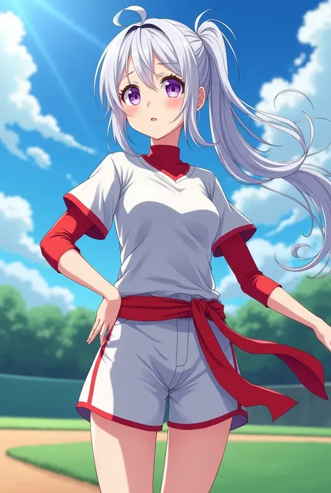 
HD、Animation style、white hair 、Purple Eyes、girl、High school student 、single ponytail、Baseball player、Light color short sleeve top、Long sleeve red underwear、plump breasts、Good shape、Thin、sash、Sky、cloud、sunny、Baseball field
