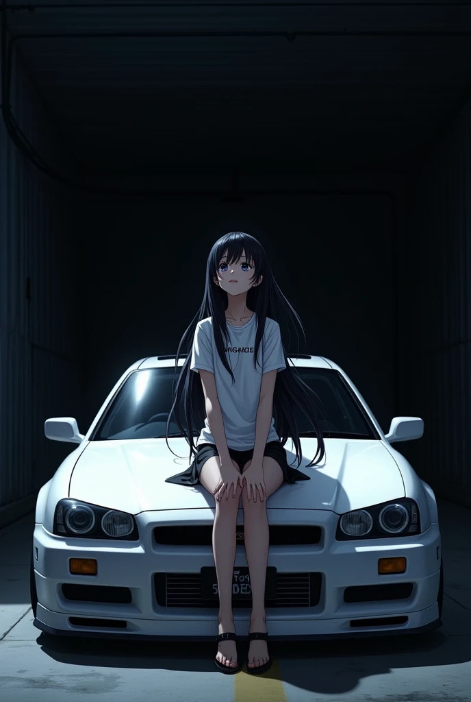 Open air,girl with long hairs look in the sky,dark background,sit on a white jdm car,angarage text on tshirt,manga,anime