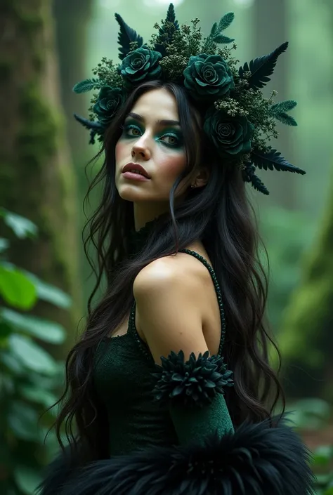 An Award-Winning Masterpiece (photorealistic), photograph, vogue.Enchanted Forest: “A Victoria’s Secret model in an enchanted forest-themed ensemble, featuring dark green and black hues, with elements like faux fur and feathers. Her hair is wavy and wild, ...