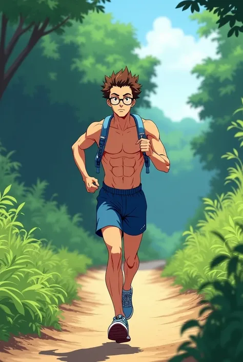 Anime man running, wearing glasses, thin, my hero academia, brown hair, no shirt, blue shorts, running on a trail, lean, wearing a water pack 