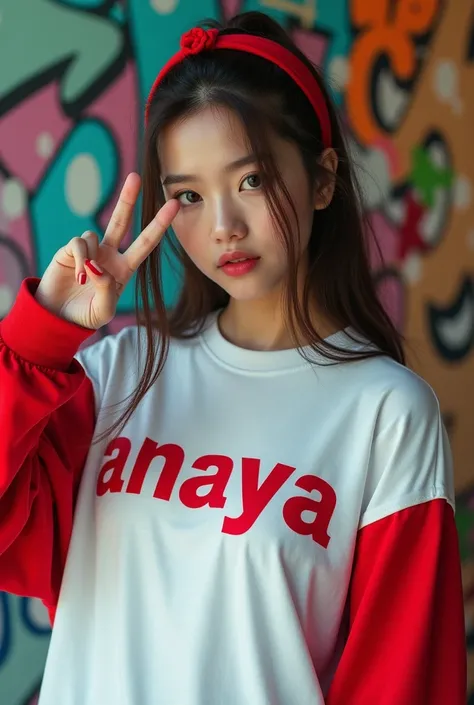 A captivating cinematic portrait of a stylish 1, showcasing her long, flowing hair tied back with a red hairband. She wears an oversized white t-shirt with a red sleeve, featuring the letter A and the word Anaya written in bold, red jersey-style font. The ...