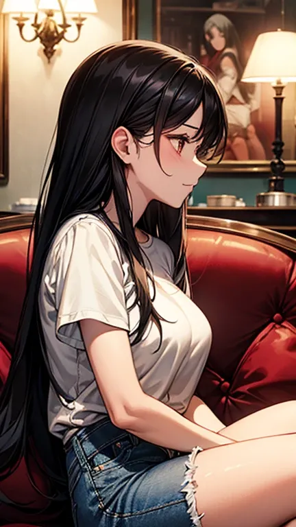 Inside a classic-style coffee shop, a half-body side profile shot of a female with long black hair, wearing a white short-sleeve shirt and denim shorts, as she sits on a red sofa. The vintage decor and warm lighting of the café create a cozy and inviting a...